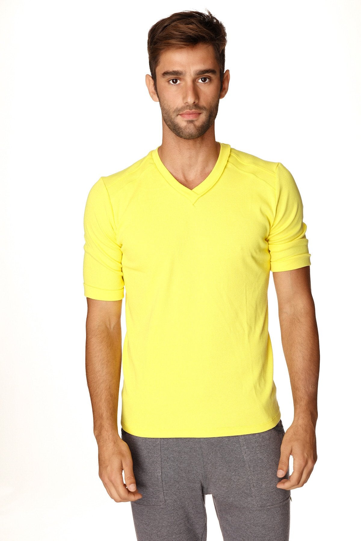 Bright yellow hybrid v neck short sleeve t shirt in tropic yellow showing front design and fabric texture