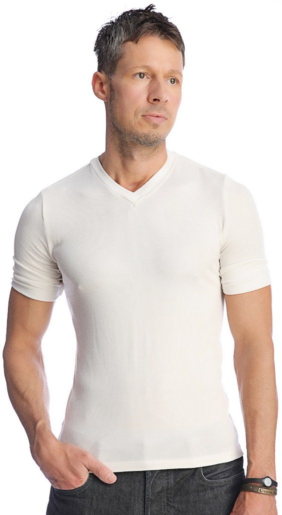 A crisp white hybrid v neck short sleeve t shirt with smooth fitted fabric perfect for casual wear
