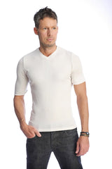 A crisp white hybrid v-neck short sleeve t-shirt with smooth fitted fabric perfect for casual wear