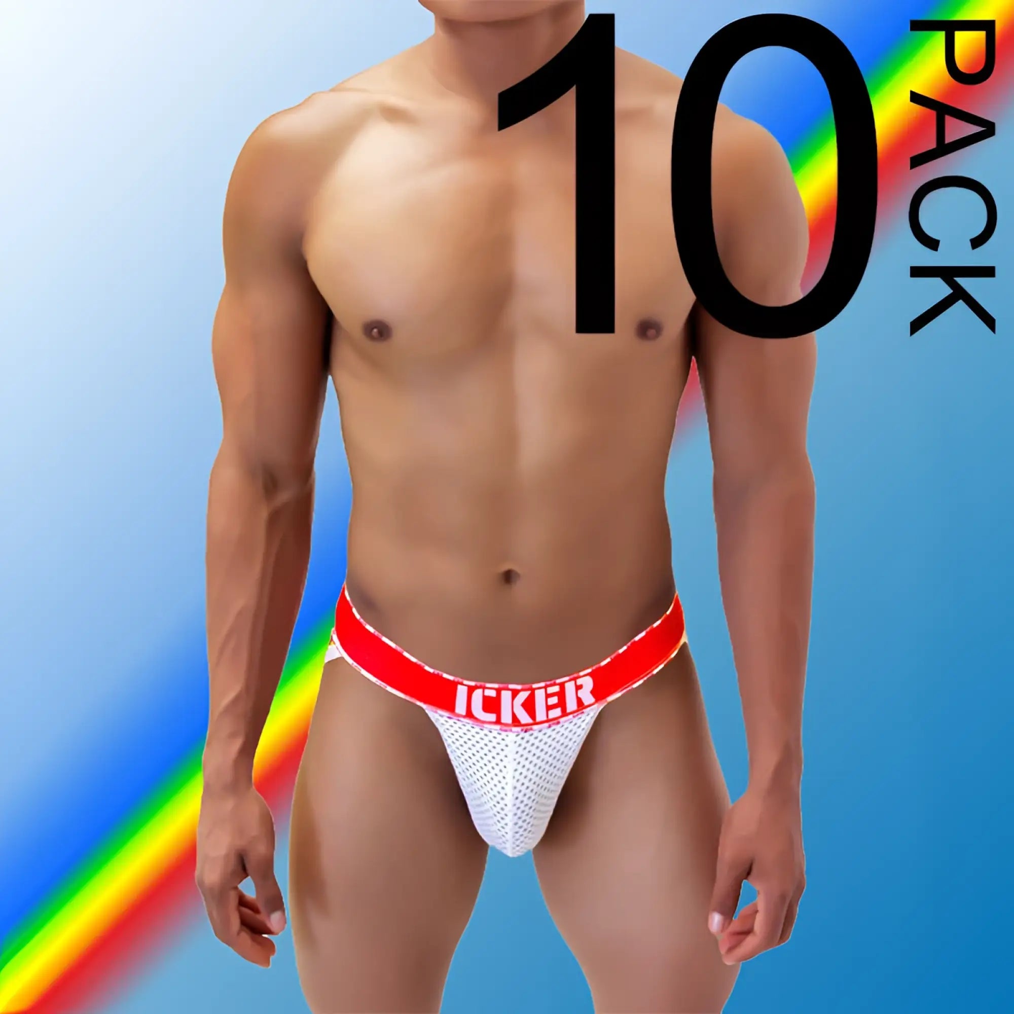 White mesh briefs with a red waistband featuring the brand name icker in white from icker sea 10 pack mesh jock strap