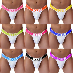 White mesh thong with colorful elastic waistband featuring icker brand name in bold from icker sea 10 pack mesh jock strap