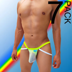 Icker Sea fruit enhancement mesh jock strap in vibrant neon yellow and white with a transparent textured pouch