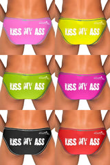 Icker Sea seven pack brightly colored gloss kiss my ass swim trunks in pink neon yellow lime green black and red