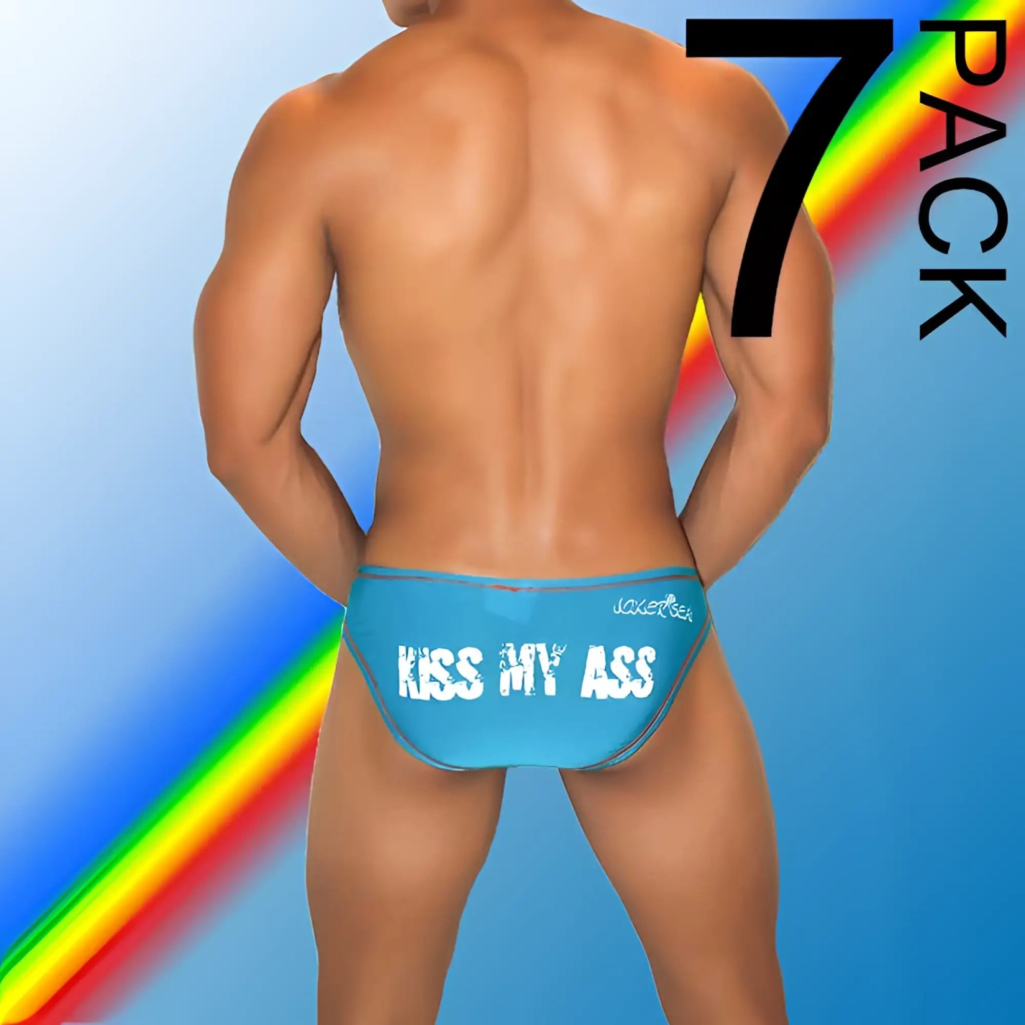 Blue jaxersea swim trunks with white kiss my ass text from icker sea contrast stitching bikini underwear pack
