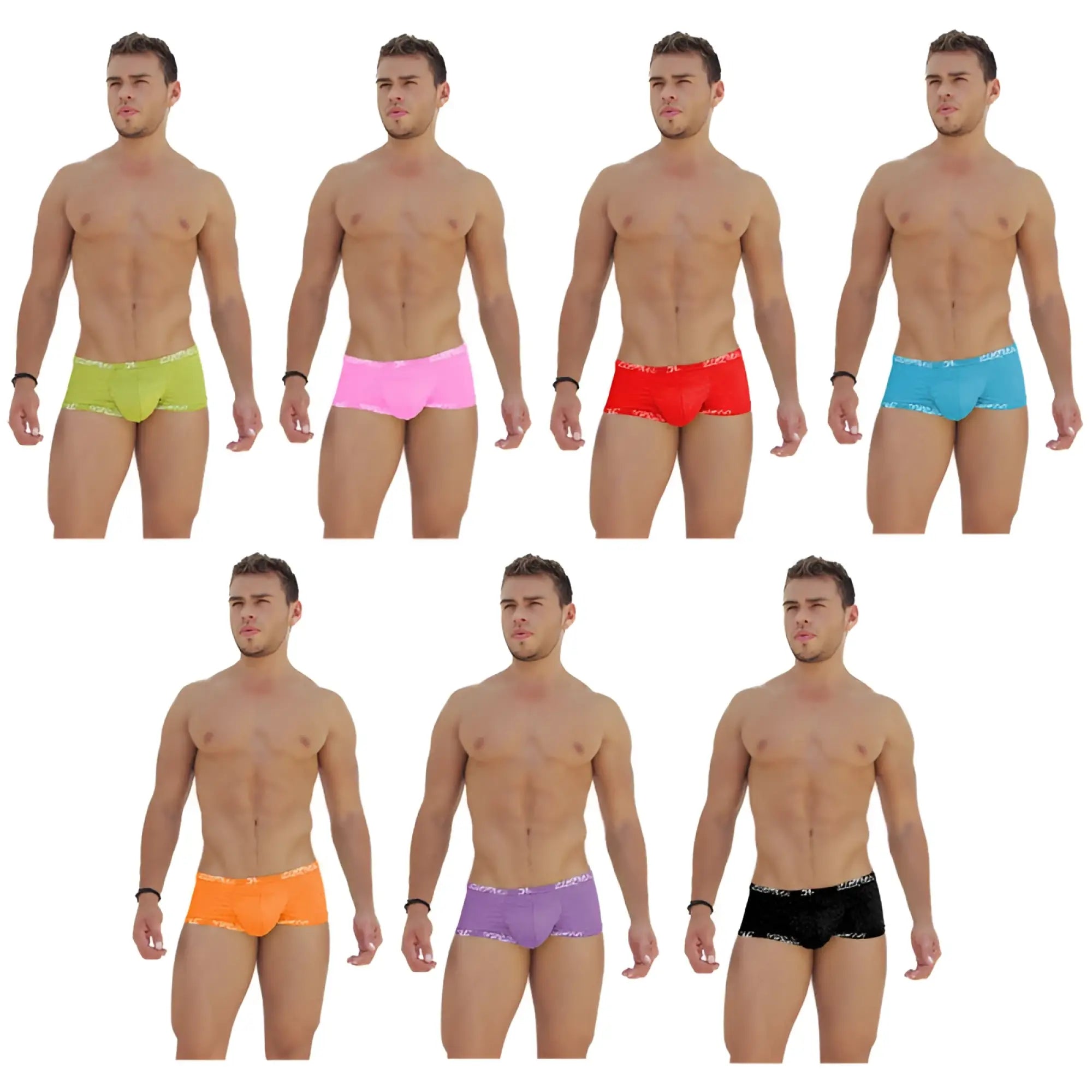 Icker sea 7 pack logo trim low boxer briefs in assorted bright colors with subtle patterned trim for men