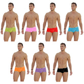 Icker sea 7 pack logo trim low boxer briefs in assorted bright colors with subtle patterned trim for men