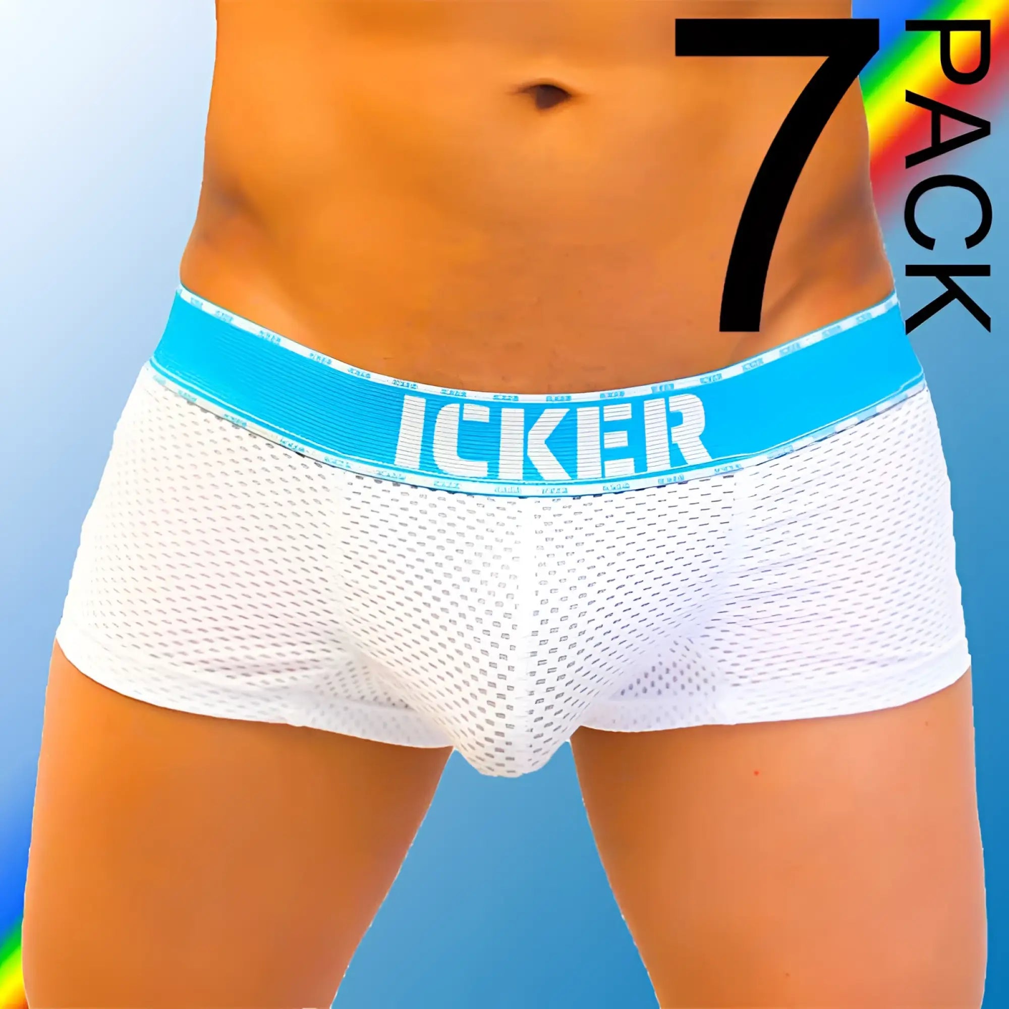 White mesh briefs with bright blue waistband featuring icker brand name in bold white from icker sea 7 pack boxer brief set
