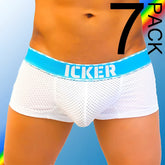 White mesh briefs with bright blue waistband featuring icker brand name in bold white from icker sea 7 pack boxer brief set