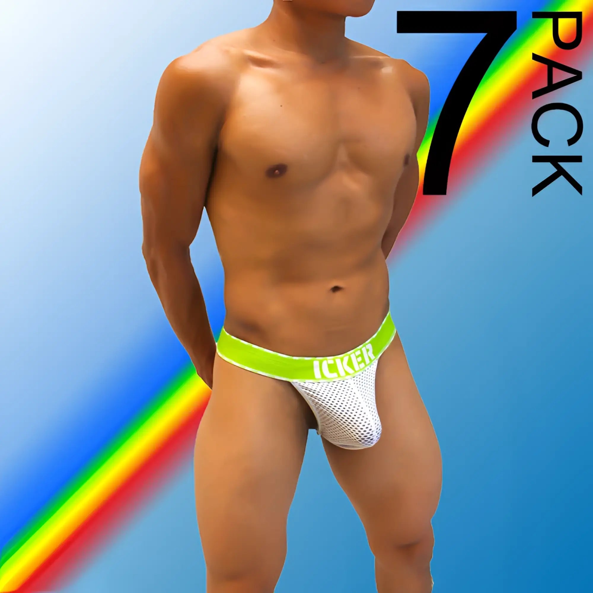 White mesh jockstrap with bright green waistband and icker branding in neon green from icker sea 7 pack thong underwear