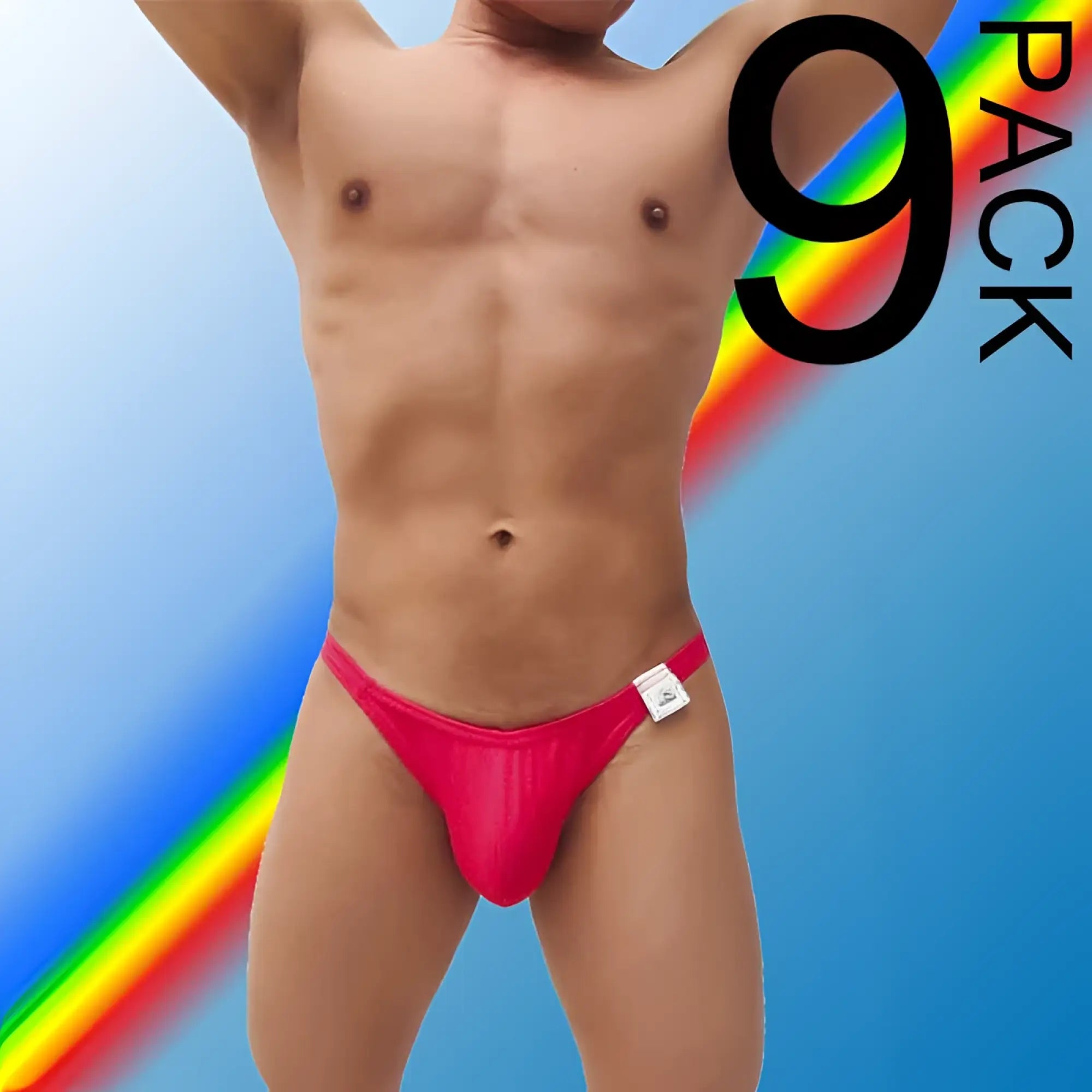 Bright red shiny fabric briefs with a small white tag from icker sea 9 pack capri bikini underwear set