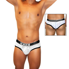 White lace patterned men’s briefs with black elastic waistband branded icker from icker sea acid mesh piping brief underwear black coi-21-02