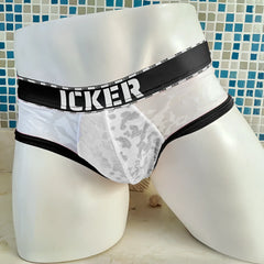 White lace-trimmed briefs with black icker waistband featuring bold white lettering in mesh piping design