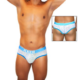 Light blue and white lace-trimmed men’s briefs with mesh piping and icker logo waistband from icker sea acid line