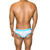 White lace briefs with bright blue elastic waistband and piping made from mesh in the icker sea acid mesh piping brief underwear blue coi-21-02