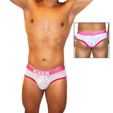 White lace men’s briefs with pink trim and waistband featuring icker branding in fuchsia sea acid mesh piping design