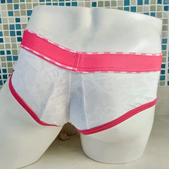 White lace men’s briefs with pink elastic waistband and trim from icker sea acid mesh piping brief underwear fuchsia coi-21-02