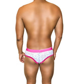 White lace briefs with vibrant fuchsia acid mesh piping and pink waistband from icker sea collection