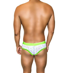 White lace briefs with neon green mesh piping and waistband from icker sea acid mesh piping brief underwear green coi-21-02