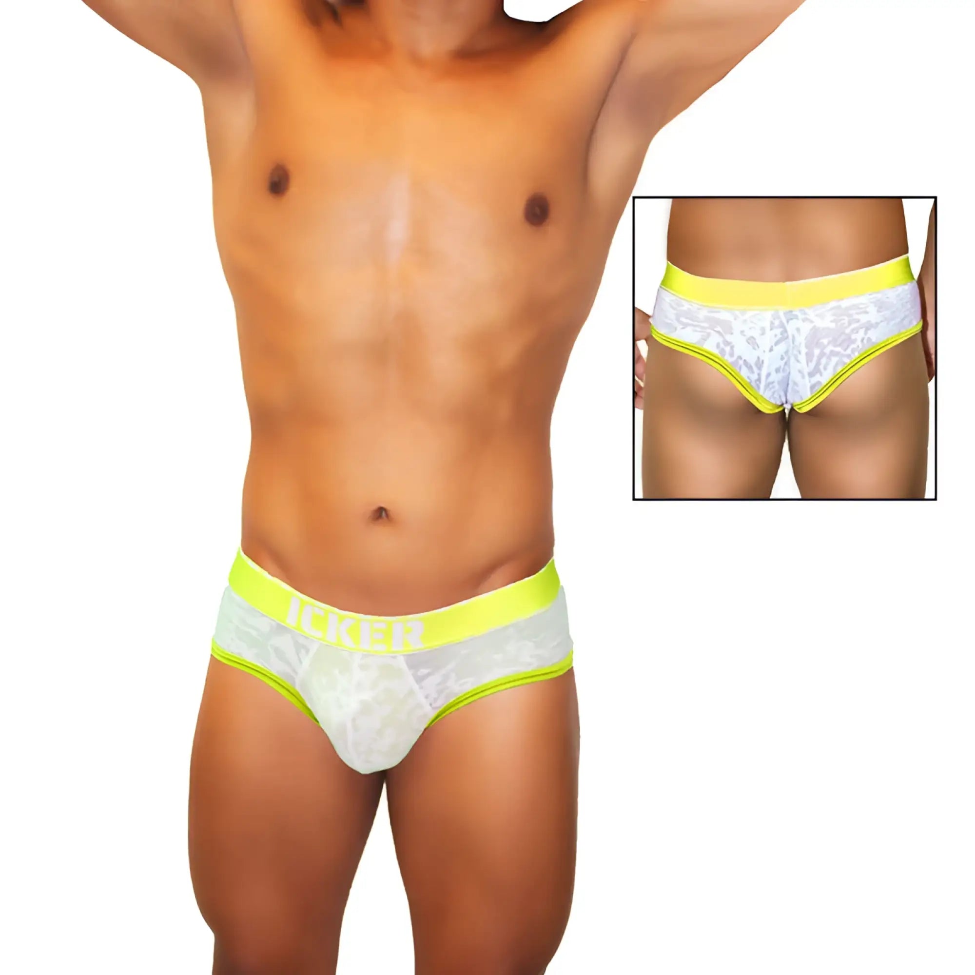 White lace men’s briefs with neon yellow trim and waistband featuring a subtle pattern by icker sea acid mesh piping