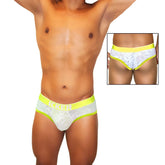 White lace men’s briefs with neon yellow trim and waistband featuring a subtle pattern by icker sea acid mesh piping