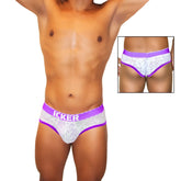 Purple and white lace-trimmed men’s briefs with bold purple icker waistband in mesh piping fabric