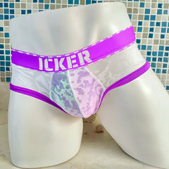 Icker sea acid mesh piping brief underwear in purple with white lace trim and bold Icker logo waistband