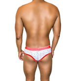 White lace briefs with red acid mesh piping trim and elastic waistband in Icker Sea COI-21-02 underwear design