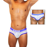 White lace men’s briefs with blue trim and icker branded waistband in royal blue mesh piping design