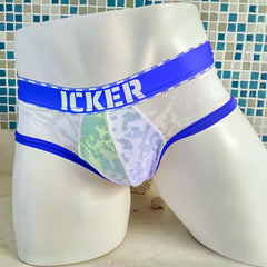 White and blue lace-trimmed icker sea acid mesh piping brief underwear in royal blue with bold logo waistband