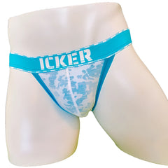 Blue and white camouflage mesh piping cheeky tanga bikini underwear with solid blue icker waistband