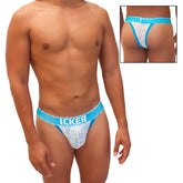 Blue and white lace cheeky tanga bikini underwear with icker branding and sea acid mesh piping detailing