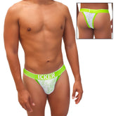 Bright green and white lace thong with icker branding on the waistband from the icker sea acid mesh piping cheeky tanga collection