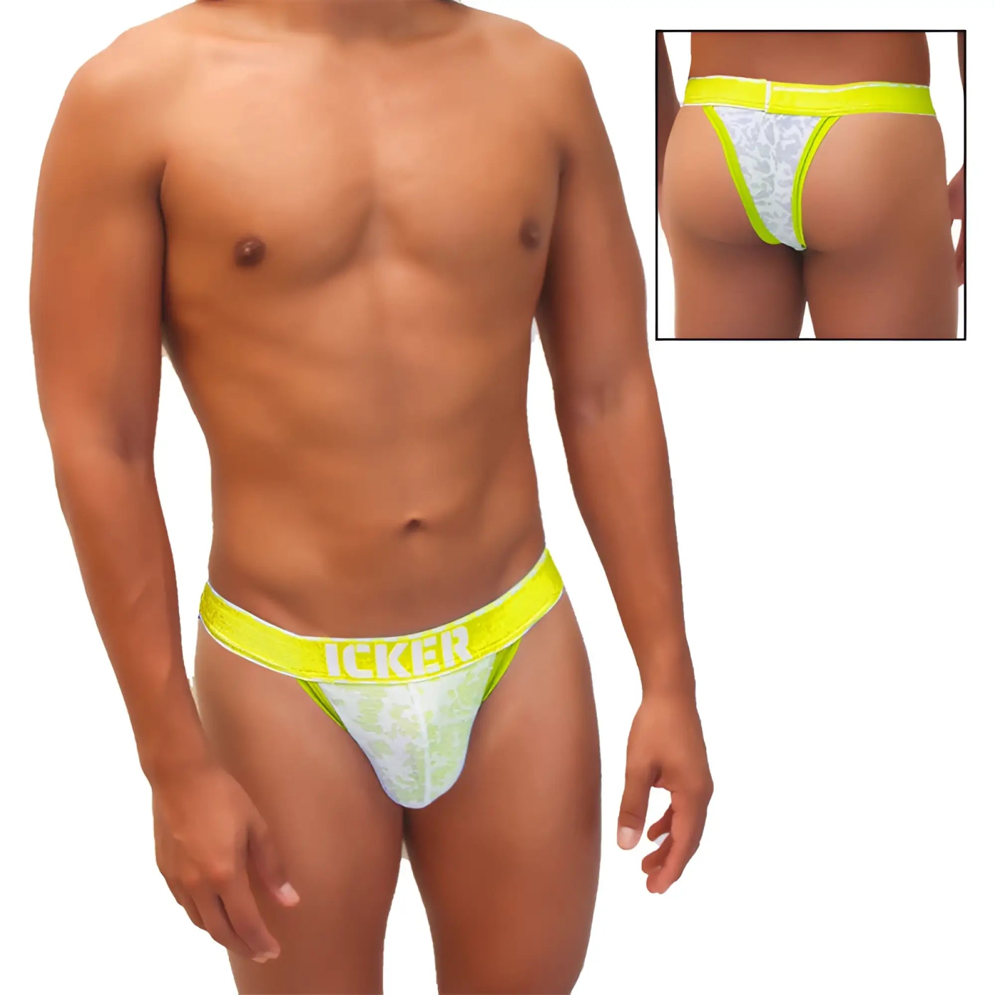Bright neon yellow waistband with icker branding on white lace trimmed sea acid mesh piping cheeky tanga bikini underwear