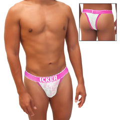 Pink and white lace cheeky tanga thong underwear with icker branding and sea acid mesh piping detail