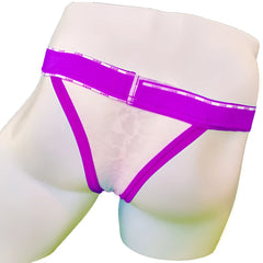 Purple icker sea acid mesh piping cheeky tanga bikini briefs with lace trim sheer patterned front panel and elastic waistband