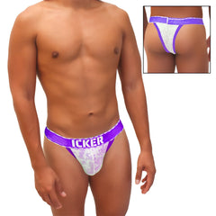Purple and white lace cheeky tanga bikini underwear with icker branding and sea acid mesh piping details