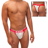 Red and white lace cheeky tanga thong underwear with icker branded waistband from icker sea acid mesh piping collection
