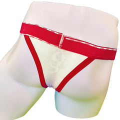 Red and white lace-trimmed cheeky tanga bikini underwear with bold red acid mesh piping and repeating text waistband