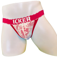 Icker sea acid mesh piping cheeky tanga bikini underwear in red with white lace trim and bold red waistband with brand name