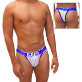 Blue and white lace thong with icker branding on waistband from the icker sea acid mesh piping cheeky tanga bikini underwear collection