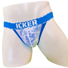 Blue lace-trimmed men’s briefs with bold icker logo on waistband in royal blue sea acid mesh piping cheeky tanga style