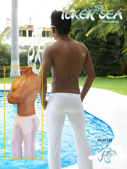 White athletic pants by icker sea with see through side stripe design for fitness and running in white color