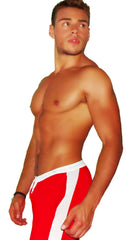 Red icker sea air fitness athletic shorts with white side stripes and elastic waistband for active wear