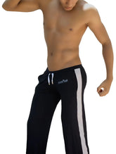 Black Icker Sea Air fitness runner pants with white side stripe and matching drawstrings for athletic wear