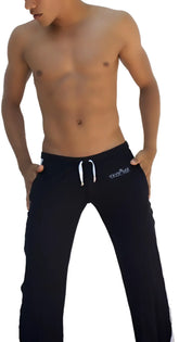 Icker sea air fitness side stripe runner pants black with white drawstrings and embroidered logo on left thigh
