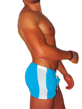 Icker Sea Air Fitness side stripe blue and white striped swim trunks with drawstring waist for active use
