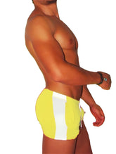 Icker sea air fitness side stripe shorts mango bright yellow swim trunks with bold white vertical side stripe