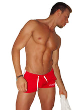 Icker sea air fitness side stripe red swim trunks with white drawstrings and small logo on lower right leg