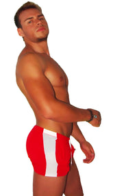 Icker Sea air fitness side stripe shorts in red with white striped swim trunks and a drawstring waistband