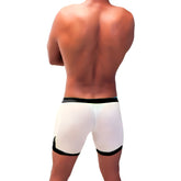 Icker Sea athletic mesh shorts in white with black contrast trim at waistband and leg openings for sportswear